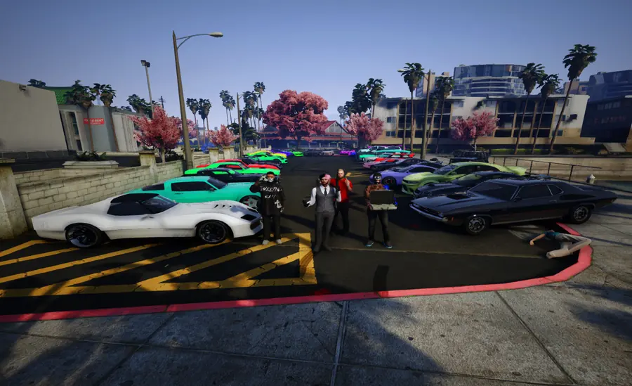 A car meet with a line of brightly coloured cars